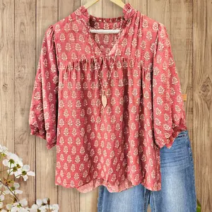 SageVell 100% Cotton Rose Pink/Brown/Blue/Green Charming Vintage Floral Printed V Neck Green Blue Brown Flowvy Blouse Women's Cozy 3/4 Sleeve Top