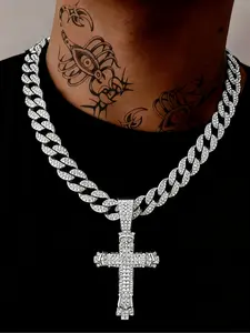 Rhinestone Decorated Cross Pendant Necklace, Fashion Jewelry for Party, Daily Wear Accessory, Trendy Versatile Jewelry for Birthday Gifts