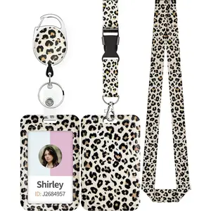 Uniclife Fashionable Sliding Badge Holder Leopard Print Plastic Case with Retractable Badge Reel Carabiner Clip & Detachable Lanyard Strap Vertical Card Protector for Worker Nurse Teacher Student