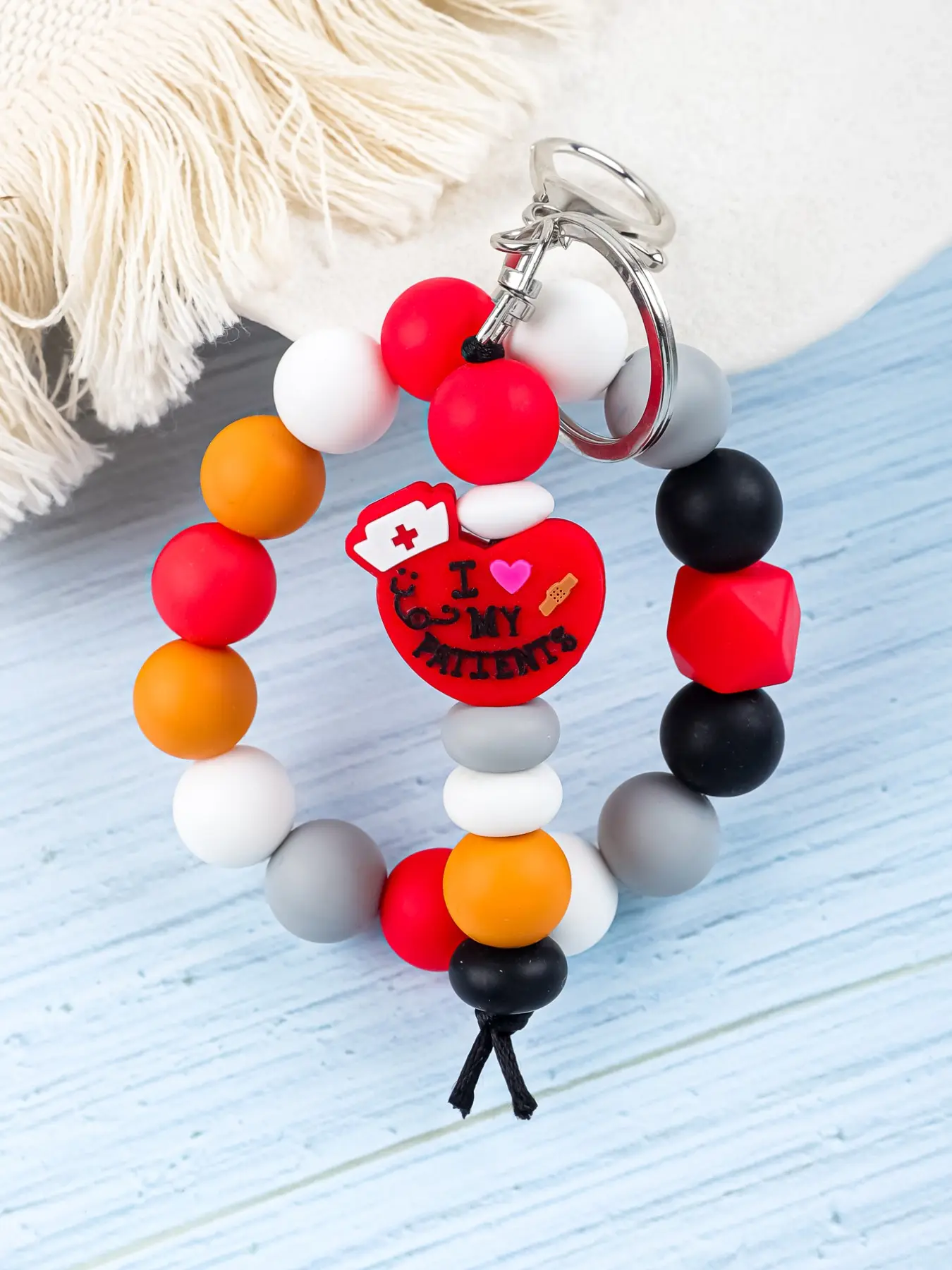 Nurse Wristlet Keychain, Heart Design Keychain, I Love My Patients Silicone Beaded Key Ring, Medical Heart Charm, Stretchable Key Holder, Nurse Appreciation Gift