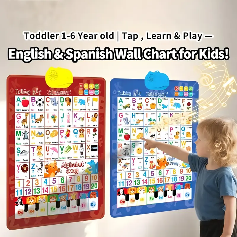 KIDBOX Unisex Bilingual Talking Wall Chart - Montessori Spanish English Early Learning Tool, Indoor Interactive Toy for Ages 1-6, No-Screen Battery-Powered Poster with Songs, ABCs, Numbers, Animal Words, Piano, Gift Idea