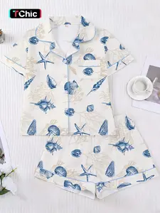 Summer Vacation Style Conch Starfish Sleepwear Pajama Loungewear Set, Blue Short Sleeve Shorts, Outdoor Casual Everyday Womenswear Home Wear, Party