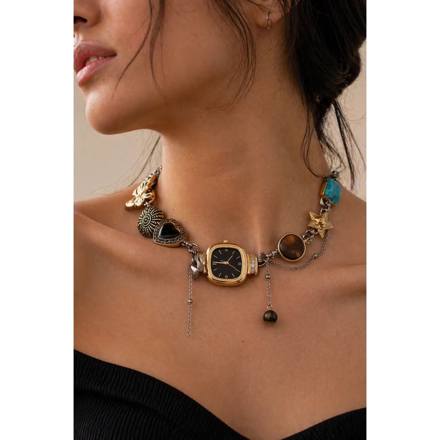 Boho Vintage Whimsical Watch Choker Necklace   – Square Watch Pendant | Black or Red Dial