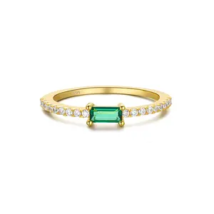 18K Gold Plated 925 Silver Baguette Stone Rings In Three Colors,Green Emerald, Barbie Pink And White Crystal