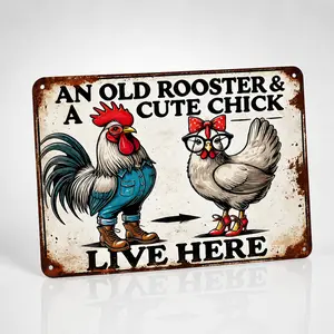 8x12 in Funny Aluminium Chicken Metal Sign - Vintage Rustic Farmhouse Wall Decor for Chicken Coop, Featuring Old Rooster & Cute Chick