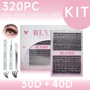 RLXMEE Lash Extension Kit features 320 lash clusters (9-16mm, 30-40D), waterproof glue, bond and seal, and tweezers. Perfect for DIY makeup, it creates natural-looking eyes and salon-quality results at home. Eyelashes