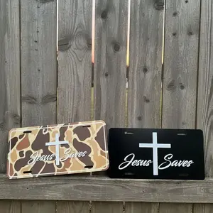 Jesus Saves Cross Christian License Plate - Duck Camo & Black - Vanity Front Tag for Trucks 100% Aluminum 12 x 6 Inches US Vehicle Compatible, Gift For Him