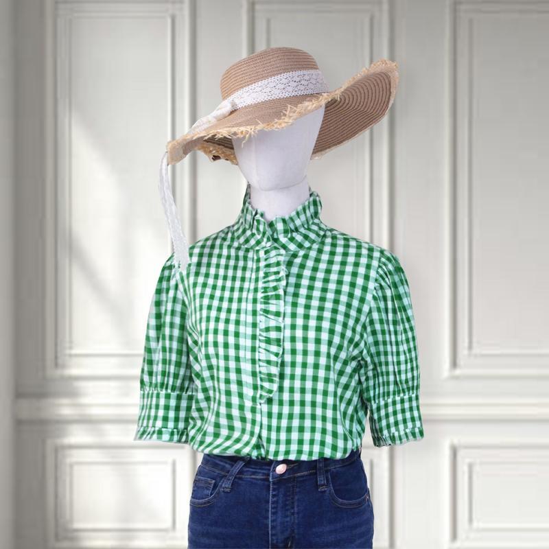 100% Cotton Green/Khaki/Red/Blue Gingham Check Shirt with Ruffle Neckline & Puff Sleeves Medium Length Women's Fashion Top Runs Large