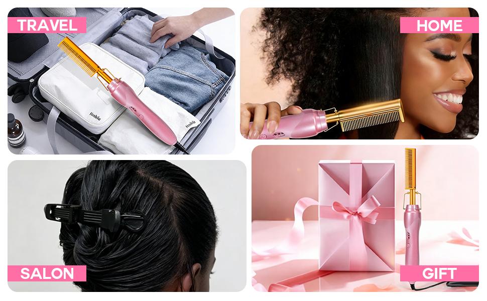 19 Counts Pink Electric Hot Comb Hair Straightener with Anti-Scald Case for Natural Hair and Wigs Adjustable Hair Curler  Salon Smooth