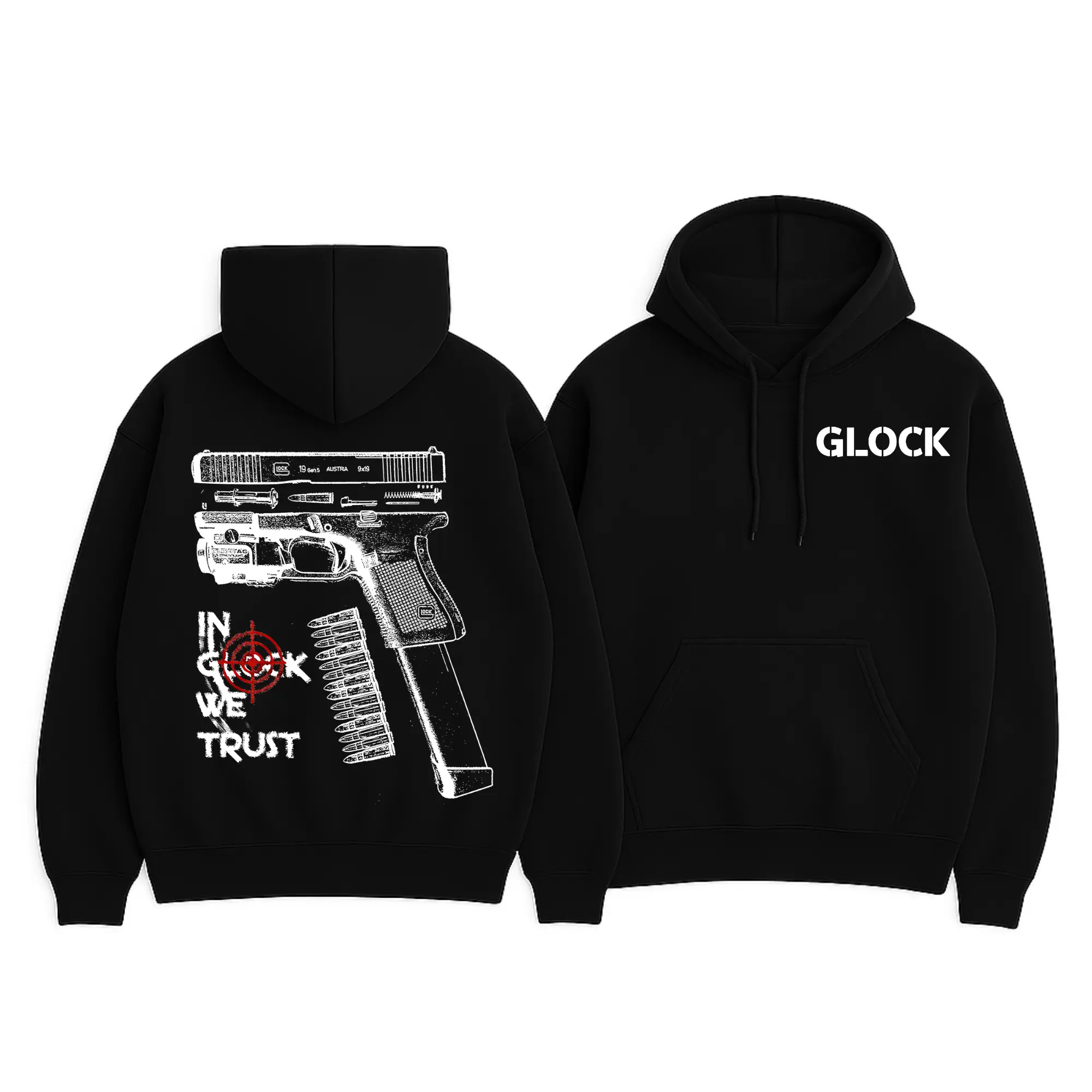 IN GLOCK WE TRUST DOUBLE SIDED Hoodie V3,Unisex Hoodie, Menswear Top , GIft For Men,Full color,Design Black- White, Hoodie For Men