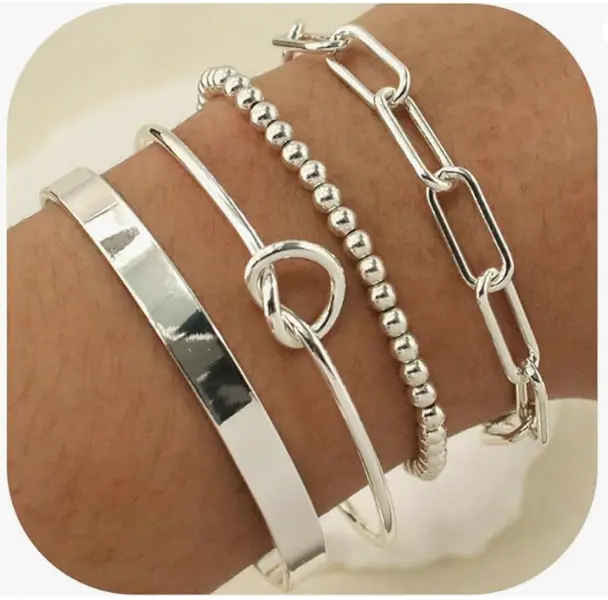Women's 4-Pack Cubic Zirconia Tennis Bracelets - Adjustable Cuff, Dainty Silver Fashion Jewelry Set for Casual Wear Accessories