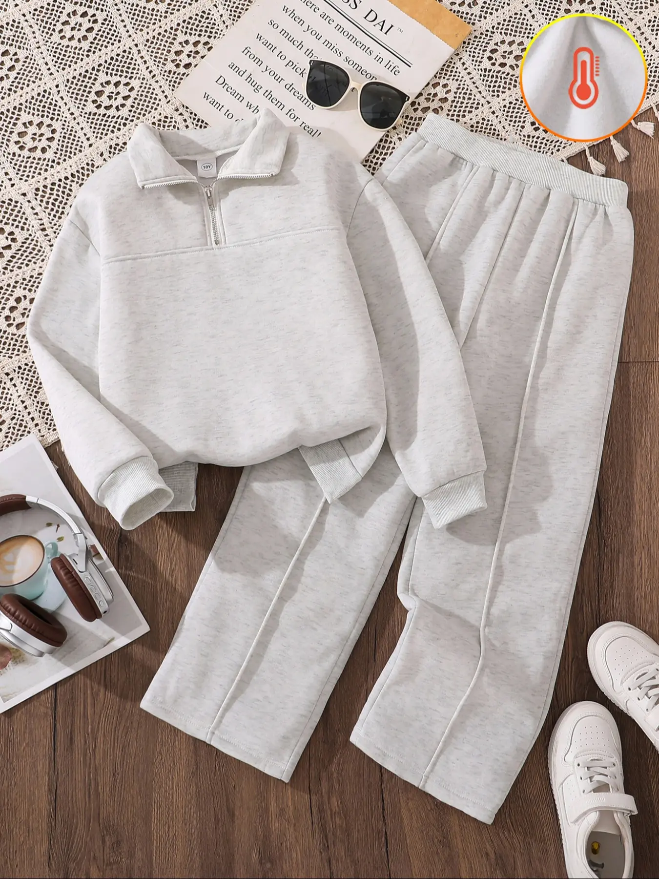 Girls' 2-Piece Fleece-Lined Solid Color Casual Set, Zipper Design Long Sleeve Sweatshirt with Elastic Waist Pants, Warm and Comfortable, Girl Clothes School