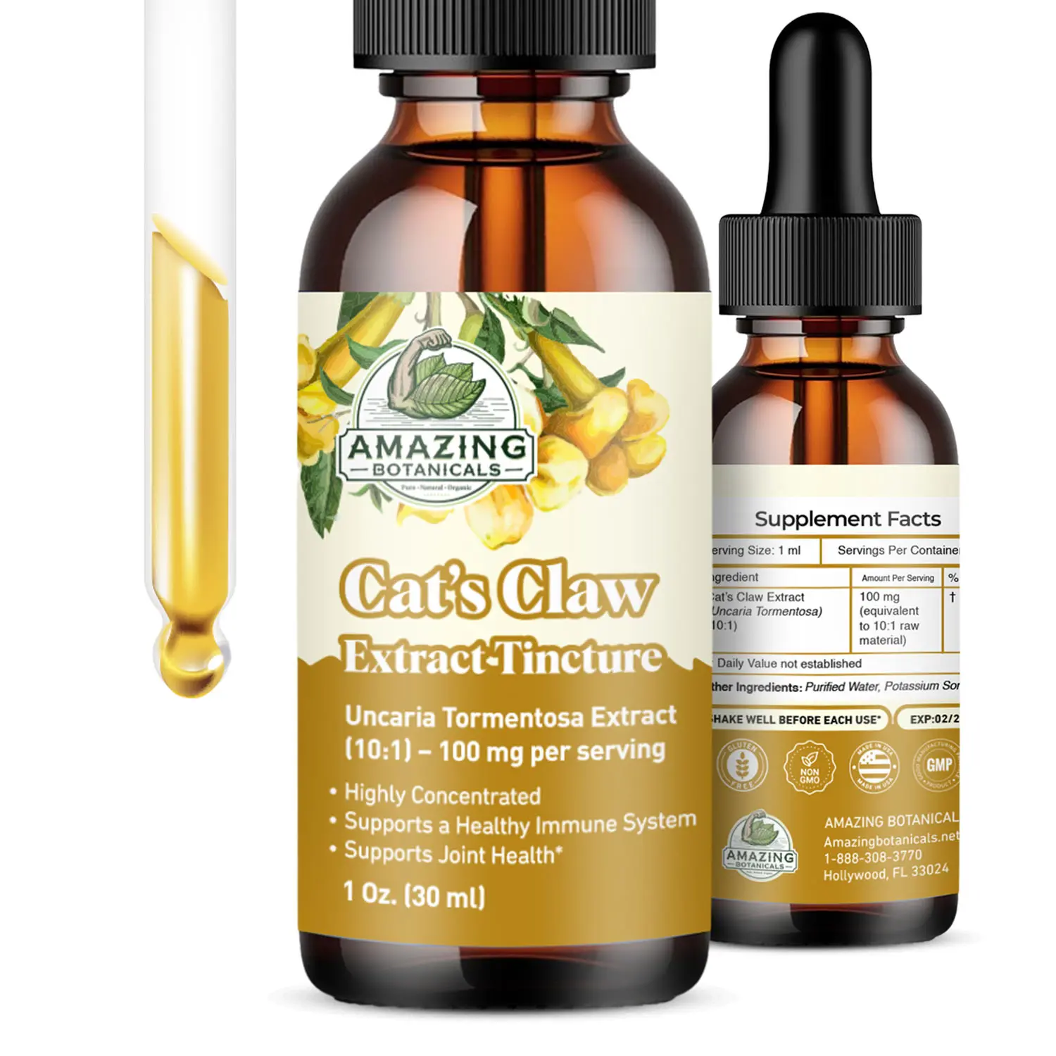 Amazing Botanicals Organic Uncaria Tomentosa Cat’s Claw 10X Extract Tincture - GMP Certified Botanicals Edible Liquid Drops, High Potency Immune Support Supplement for Joint Wellness (Multi-Size)