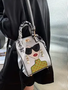 Women's Cartoon Girl Handbag, New Eye Pearl Silk Scarf Crossbody Bag, PU Leather Shoulder Bag, Casual All-Seasons Design, Casual Trendy Purses