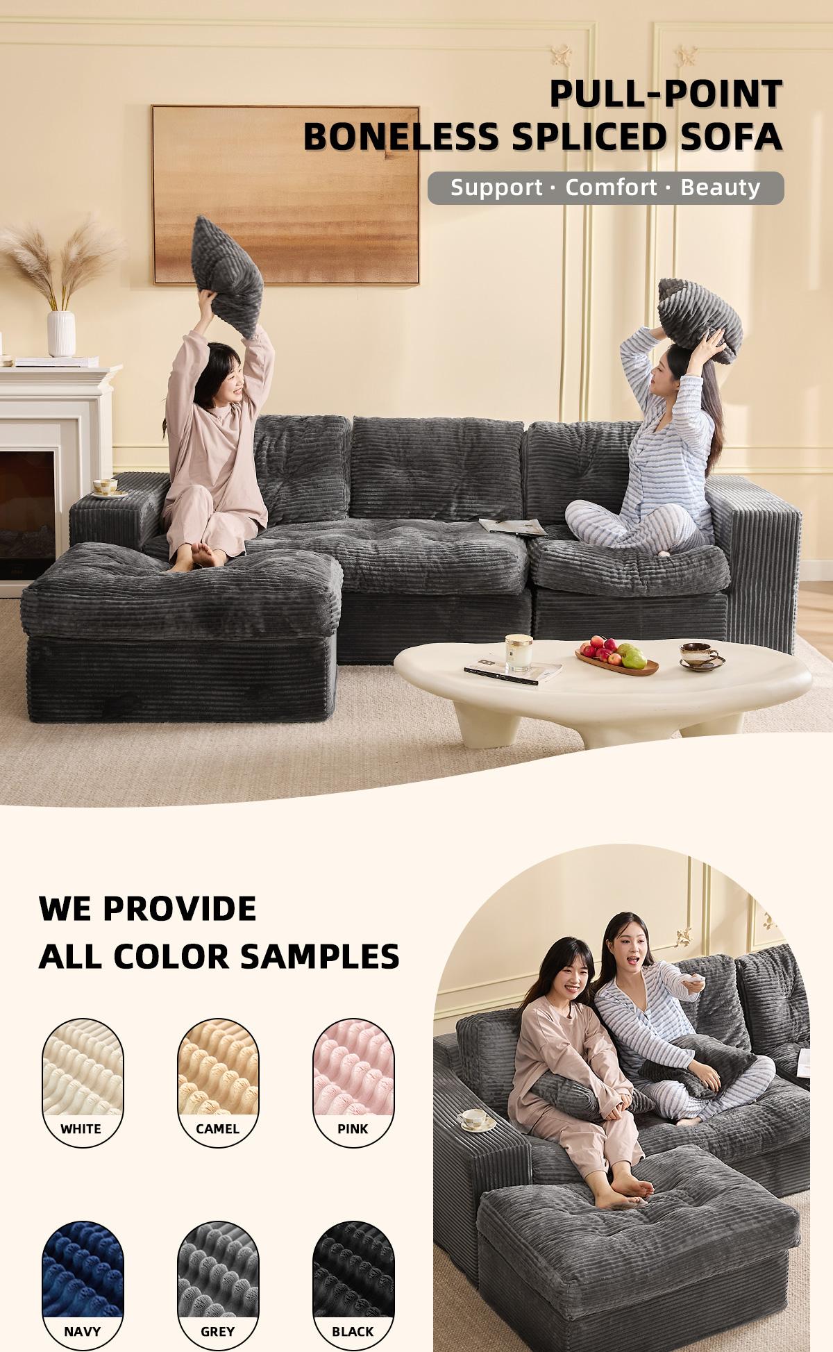 【2 Packages Shipping】Boneless Sectional Couch,Modular Sectional Sofa, 102” L-Shaped Corduroy Couch with 1 Ottoman, Deep Seat Comfy Sectional for Living Room, Set of Soft Upholstered Cloud Couch for Apartment，Furniture,Sofa Bed Couch,Pink Couch