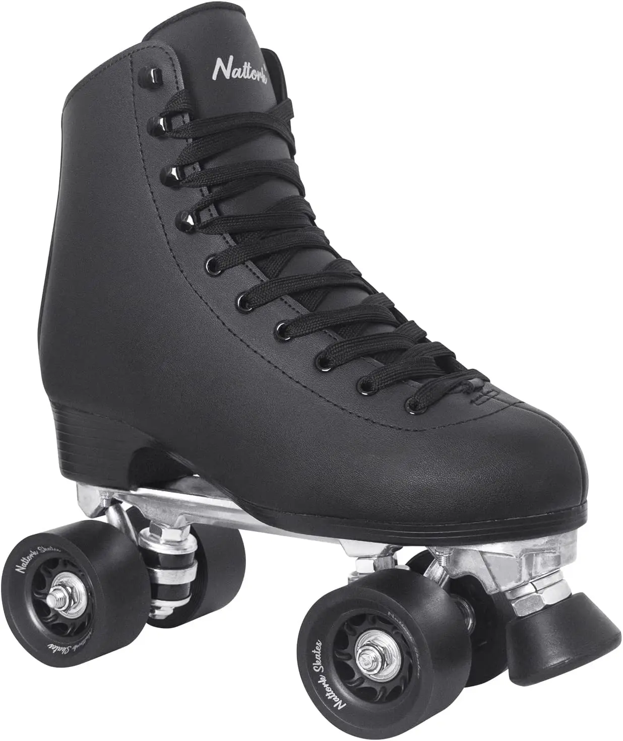 Nattork Classic High-Top Roller Skates (Skating Shoes) for Adults, Beginners - All-Black Polypropylene Quad Skates with Smooth Wheels, Brake System for Smooth Ride Indoor-Outdoor Use