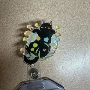 Black Cat Floral Badge Reel, Cute Cat ID Holder, Black Cat Name Badge, Cat Nurse Gift, Vet Tech Accessories, Cat Lover Reel, Nurse, Teacher
