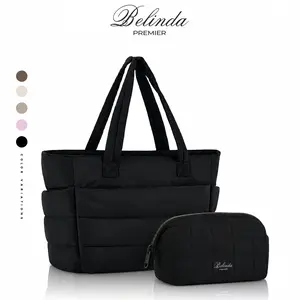 BELINDA Women’s Lightweight Puffy Tote Bag with Cosmetic Pouch, Padded 14” Laptop Work Tote, Water-Resistant Multi-Pocket Shoulder Bag for Travel, Gym & Commuting