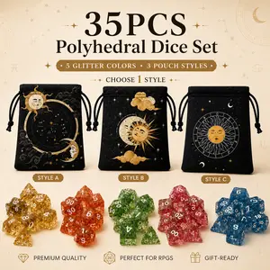 35PCS Celestial Glitter Polyhedral Dice Set with Moon Sun Dice Bag for DND RPG Tabletop Board Games Fantasy Gift