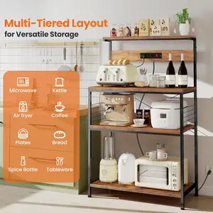 2-Size Kitchen Bakers Rack with 3 Outlets & Adjustable Shelf, 4-Tier Microwave Stand, Coffee Bar Organizer, Farmhouse Style in Rustic Brown (23.6"/31.5") | Easy Assembly & Anti-Tip Kit