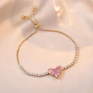 Pink zircon heart adjustable bracelet white zircon sweet girlfriend hand jewelry to send girlfriend gift