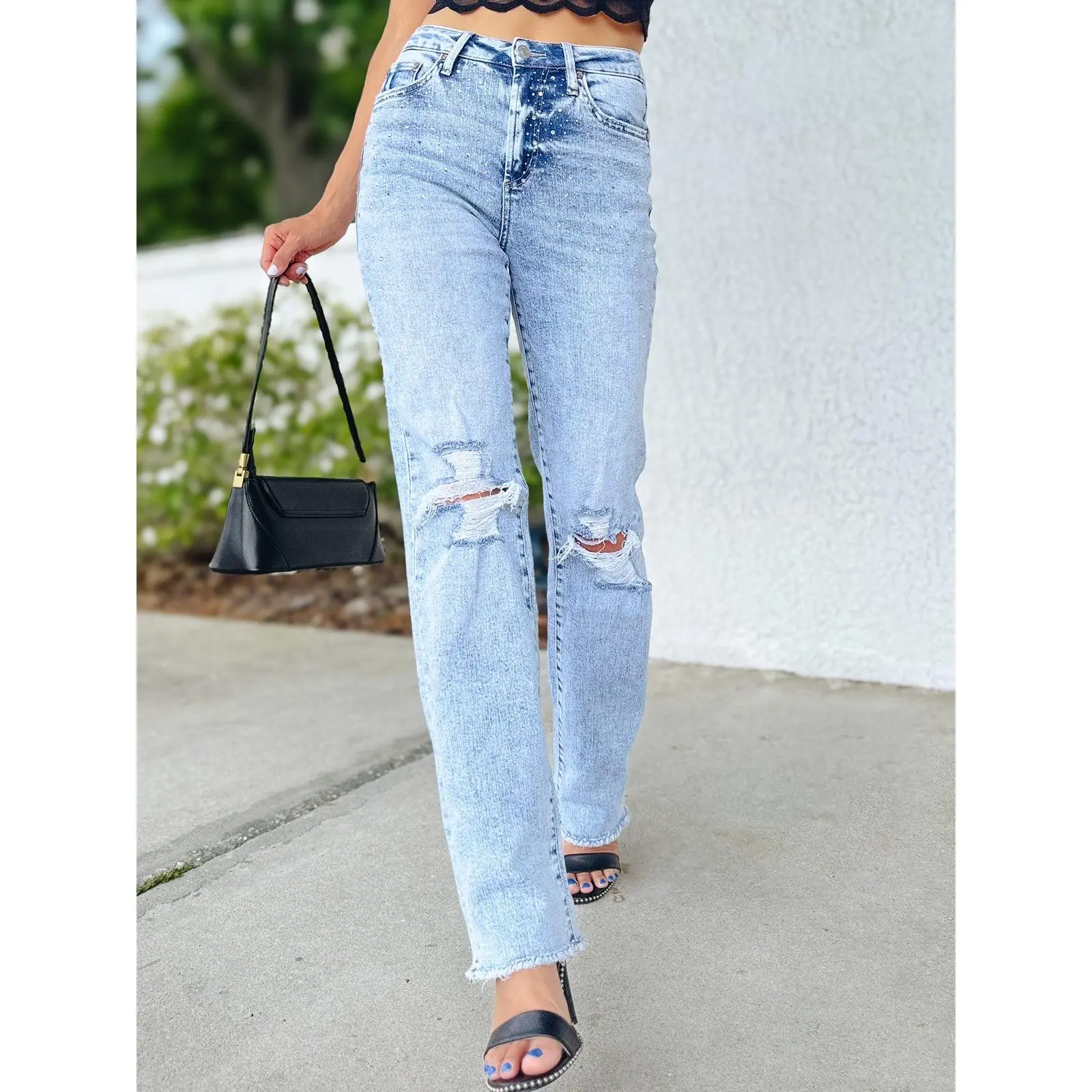 Shimmer Down Now By Mica - Mid Rise Distressed Embellished Jeans