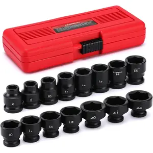 15 count 3/8" Drive Stubby  Socket Set, Low Profile, 8-22mm, Metric, CR-MO, 6-Point, 15 count Shallow Socket Set for Automotive Maintenance, Repairs and DIY, for Tight Areas