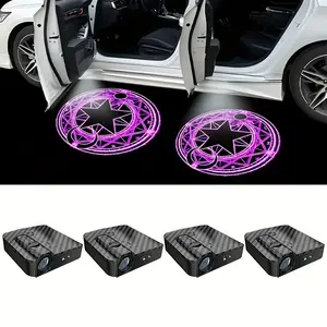 4pcs door lights - pink pentagram projector - universal wireless door LED projection light, door step LED welcome sign shadow ghost light projection light, suitable for all brands of cars LED sun and moon - pentagram welcome light
