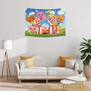 Colorful Plim Plim circus tapestry for party backdrop decoration. Vibrant cartoon wall hanging for room decor and photo background. outdoorfun