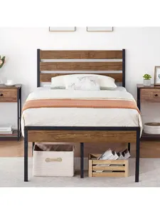 Rustic Vintage Wood Headboard Sturdy Platform Bed Frame - Brown, Queen/Twin Sizes, Strong Metal Slats Support, Easy Setup, Underbed Storage, No Box Spring Needed Mattress Foundation