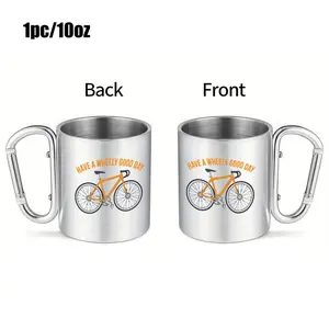 1pc 10oz Stainless Steel Coffee Mug with Bicycle Pattern, Handheld Travel Cup for Backpacking Camping, Camping Accessory, Birthday Christmas Valentine Gift