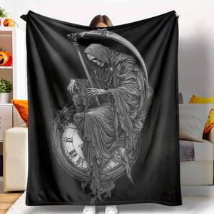 Grim Reaper Flannel Blanket, Death & Time Clock Print, Lightweight, Super Soft, AntiPilling, Suitable for Halloween, Gothic Home Decor, Spooky Season Gift, Dark Fantasy Lovers, Living Room, Bedroom, Sofa, Couch, Travel, Camping, Outdoor Events. tiktokshop