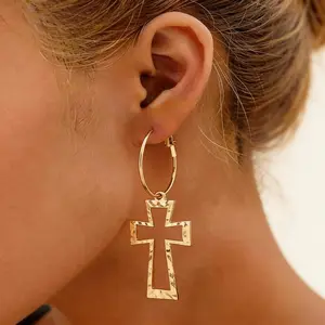 Gold Cross Dangle Hoop Earrings for Women, Trendy Vintage Cross Drop Earrings, Lightweight Statement Jewelry, Street Style Chic Fashion Earrings Gift