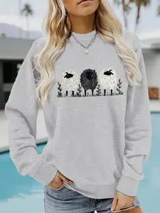 Women's Casual Sheep Print Pullover Sweater, Soft Long Sleeve Round Neck Sweatshirt, All-Season Comfortable Daily Wear