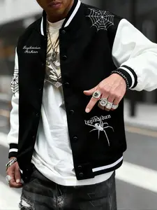 Men's Dark Spider Theme Baseball Jacket, Spring Fall Winter Wear, Casual Fitted Street Style, Comfortable Fit for Multiple Styles