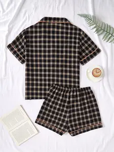 Women's Black Plaid Short Pajama Set  Button Down Collared Shirt & Shorts  Casual Sleepwear & Loungewear