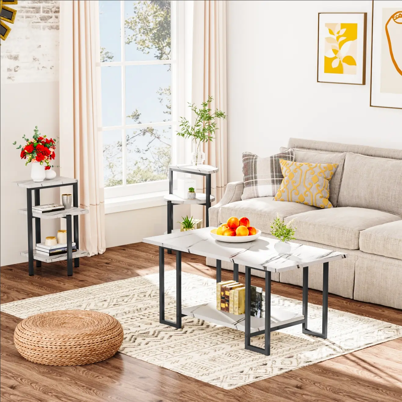 AWQM Faux Marble Coffee Table Set with Coffee Table & 2 Side Tables, Metal Frame, 3 Counts Living Room Table Sets, White Waterproof Wine