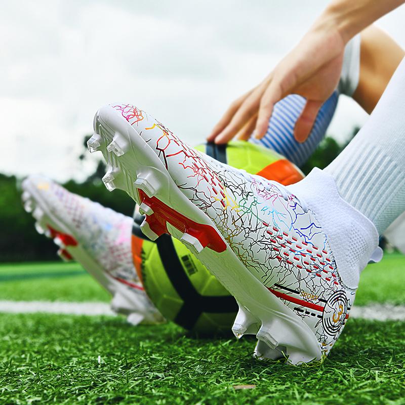 BDHJYDB Men's High-Top /Soccer Boots - All-in-One Training & Match Boots with Shock-Absorbing TPU Sole, Breathable PU/Fabric, Elastic Ankle & Dynamic Studs - All-Weather All-Ground (AG) Design for Indoor/, Turf, Grass, Concrete - White/Black/Red Color Opt