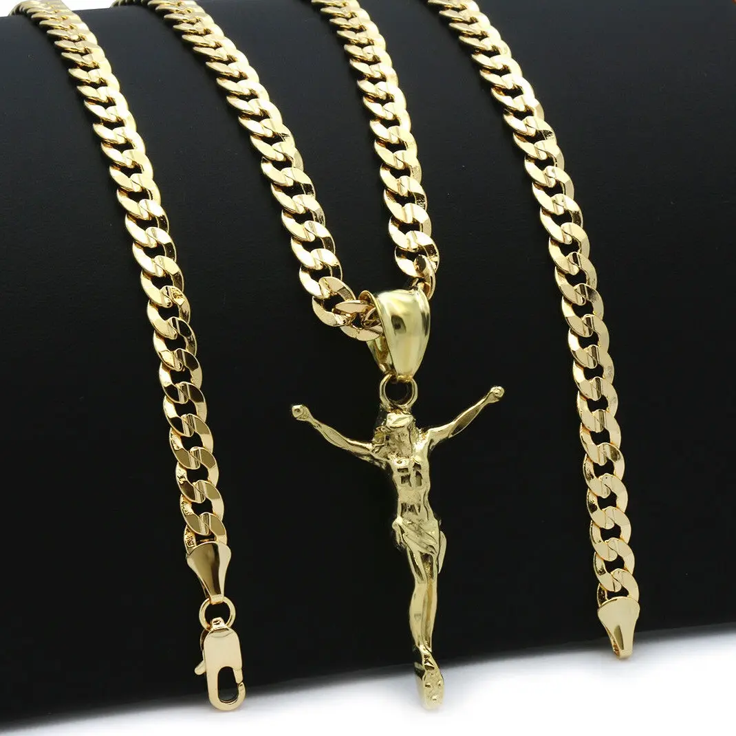 MaxBling81 Jesus Crucifixion Cross Design Pendant Charm, 14K Stamped Lock Brass Gold Plated Jewelry Necklace with 5mm 20"-24" Cuban Chain