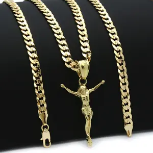 Brass Gold Plated Crucifixion of Jesus Cross Religious Pendant Charm & 5mm 20" 24" Chain Cuban Necklace 14K Stamped on the Lock