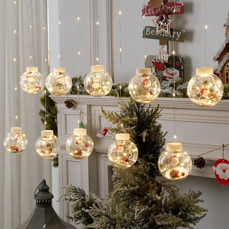 Christmas LED Curtain Lights with Warm White Light Wishing Ball Snowman Tree Hanging Window Arrangement Festival Decoration Copper Wire 10 Ornaments 8 Modes Waterproof Easy Install Multi Use