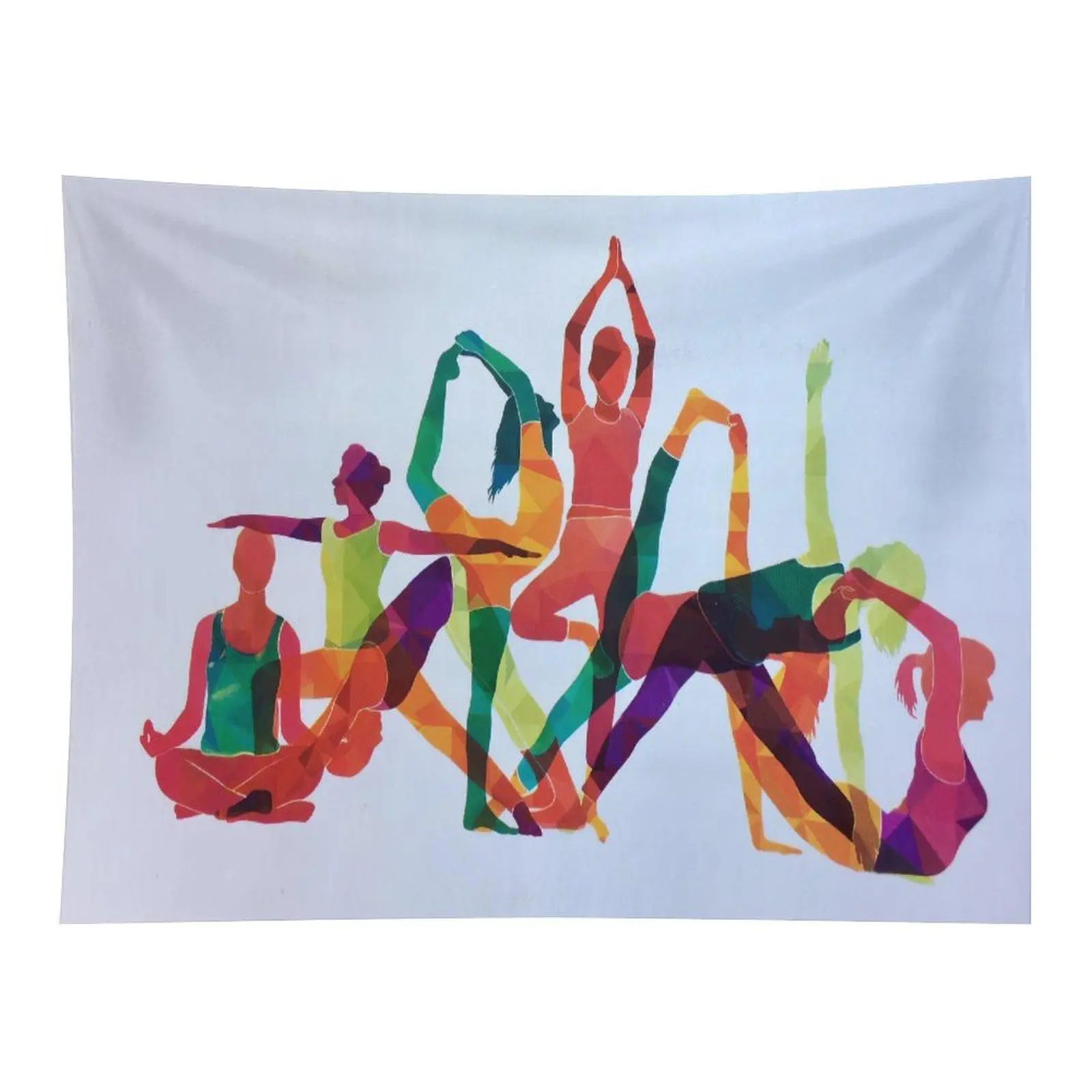 White Background Rainbow Geometric Women Yoga Poses Silhouette Wall Tapestry Wall Hanging, Minimalist Multicolor Fitness Meditation Art Decor for Yoga Studio Bedroom Dorm Ornament