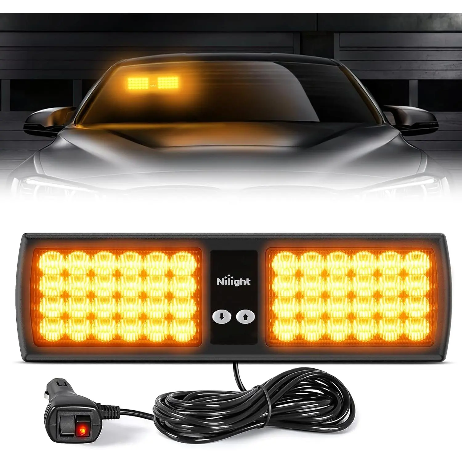 Nilight 48 LED Amber 12V-24V DC Visor Strobe Warning Light Bar for 12v-24v vehicles, Car Lighting, Aftermarket Headlights Lighting Assemblies & Components, 15 Flash Modes, Hook Velcro Straps, Power Cord, Double Switch, Pattern Recall, Tractors, Strobe Mod