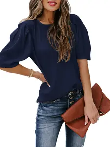 French Bubble Sleeve Solid Color T-Shirt for Women, Summer Simple Round Neck Short Sleeve Top, European and American Style Casual Basic Shirt