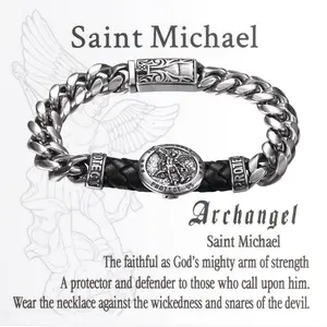 St Michael Cuban Chain: Men 9 Inch Stainless Steel Leather Archangel Protection Bracelet Vintage Punk Biker Retro Link Wristband with Card