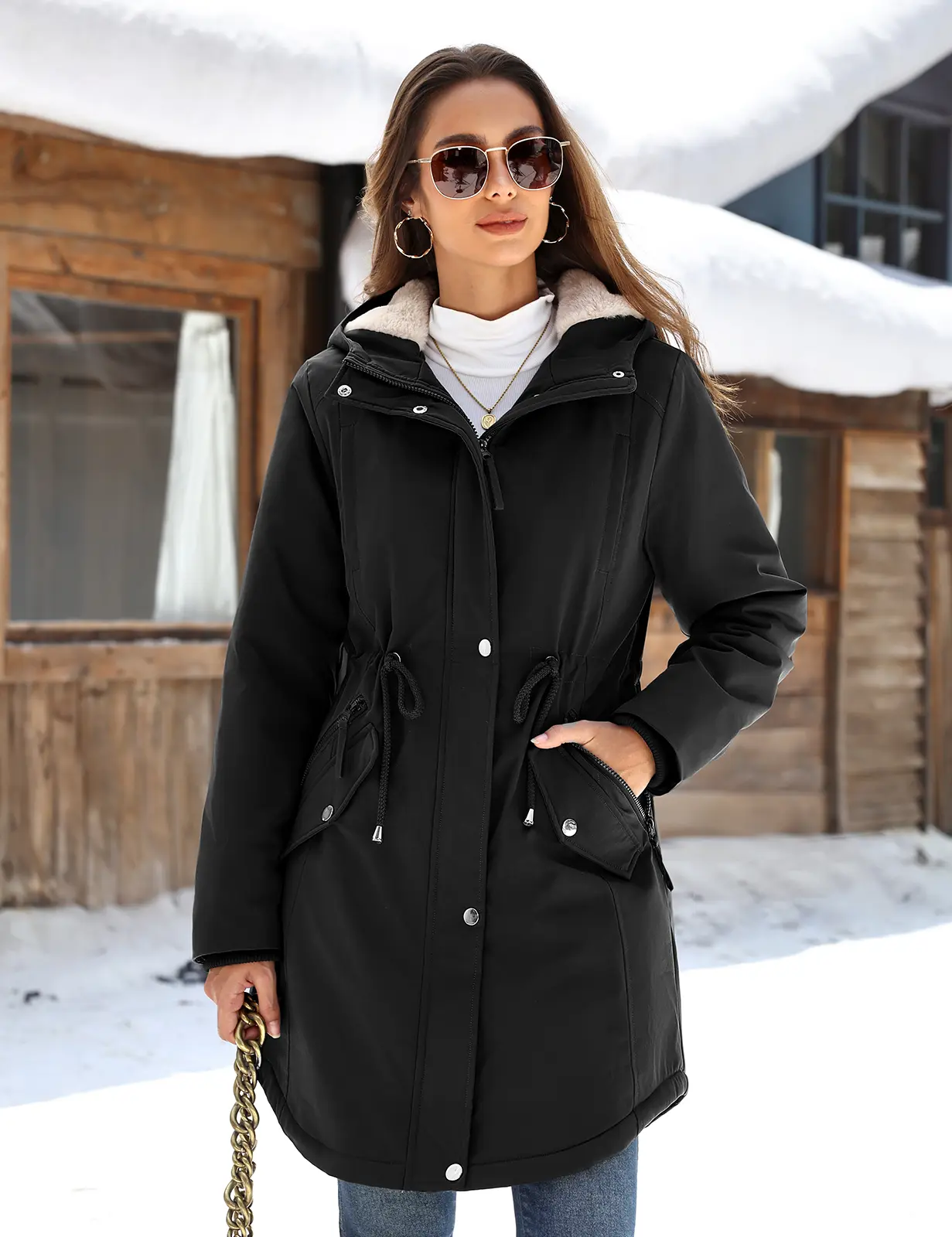 HEEKPEK Women Winter Fleece Lined Hooded Parka Jacket with 5 Pockets | Two Way Zipper Thickened Thermal Coat Outerwear, Ideal for Daily Commute, Cold Weather & Casual Outdoor Activities