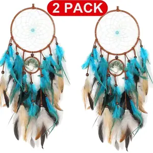 Traditional 2PCS Tree of Life Dream Catcher Feathers Handmade Indians Blue Craft Boho Big Dream Catcher with Crystal Turquoise Hanging Ornament and Feathers Blessing Gifts