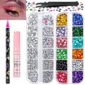 Rhinestones for Face Colorful Face Gems Face Jewels AB & Clear Eye Hair Nail Gems Rhinestones with Quick Dry Makeup Glue, 1 Rhinestones Picker Wax Pen, 1 Tweezers for Nail Art Face Makeup