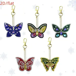 5 pieces/set DIY diamond painting keychain, Trendy cute keychain, butterfly pattern diamond painting art set, crystal rhinestone diamond art keychain pendant, Christmas tree decoration, suitable for holiday birthday parties