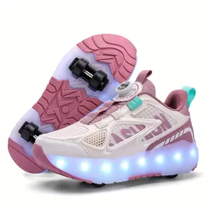[shipping from US][shipping from US]Fashionable ' LED Roller Skate Shoes with Retractable Wheels, Breathable and Lightweight, Casual and Outdoor Plaid Sneakers with Rotary Buckle Closure, All-Season Wear for and, Rechargeable Lithium Polymer Battery